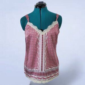 White House Black Market Satin‎ Blouse MCM Filigree Pattern with Lace Trim - XS